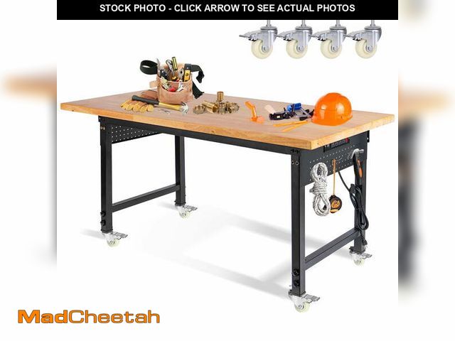 Lot 74-13774214 - 60" Heavy-Duty Adjustable Workbench, Rubber Wood Shop Table with Wheels, Pegboard, Power Outlets, Wo...