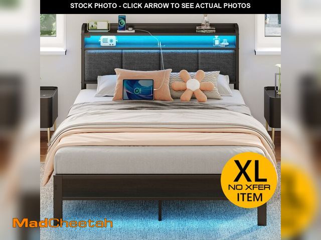 Lot 74-12689031 - Rolanstar Bed Frame Full Size with Charging Station and LED Lights, Upholstered Headboard with Stora...