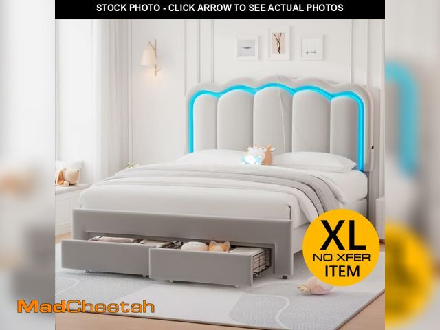 Lot 74-13118163 - Queen Upholstered LED Bed Frame with 2 Storage Drawers and Adjustable Chic Double Wavy Headboard, Ve...
