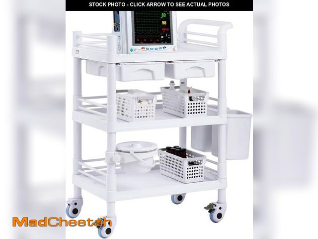 Lot 74-12137353 - VEVOR Medical Mobile Trolley Cart with 2 Drawers &amp; 3 Trash Cans, 3 Tiers Beauty Salon Rolling Tr...