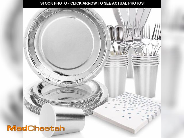 Lot 74-13715332 - Gudvilla Silver Plates Party Supplies Disposable Dinnerware Set,168pcs Silver Paper Plates and Napki...