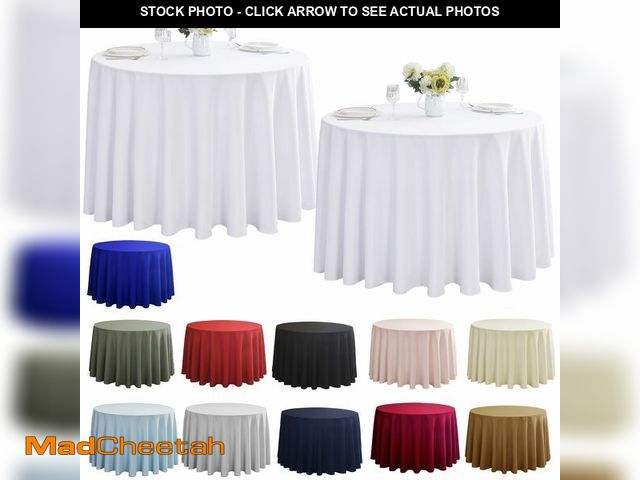 Lot 74-12980267 - ZarzaaSik 2-Pack Round 90-inch White Table Cloths, Solid Stain and Wrinkle Resistant Circular Tablec...