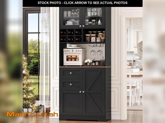 Lot 74-12420495 - 75" Tall Coffee Bar Cabinet with Hutch, Kitchen Pantry Storage Cabinet with Barn Door &amp; 2 Drawer...