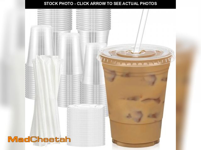 Lot 74-12305418 - Dealusy 100 Pack - 16 oz Clear Plastic Cups with Lids and Straws, Sturdy &amp; Food Safe Iced Coffee...