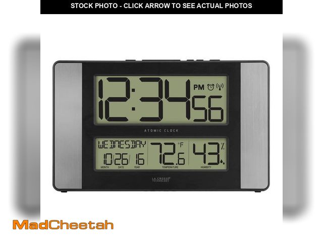 Lot 74-13771133 - La Crosse Technology 11 in. x 7 in. Atomic Digital Clock with Temperature and Humidity in Aluminum F...