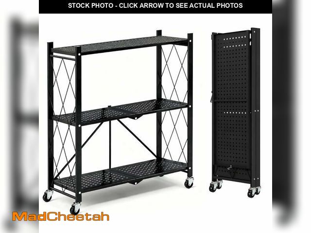 Lot 74-14350083 - TAIMASI 3-Tier Foldable Metal Shelf with Wheels, Heavy-Duty Movable Wire Rack for Garage, Kitchen, B...