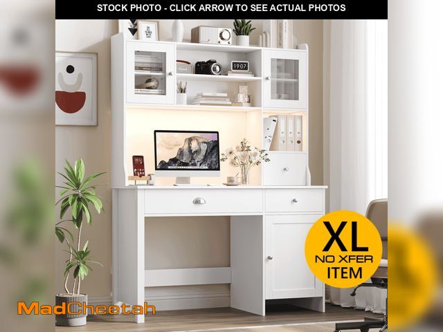 Lot 74-13108464 - Homfa Executive Desk with Hutch &amp; Power Outlets &amp; LED Lights, Wood Writing Study Table, Home...