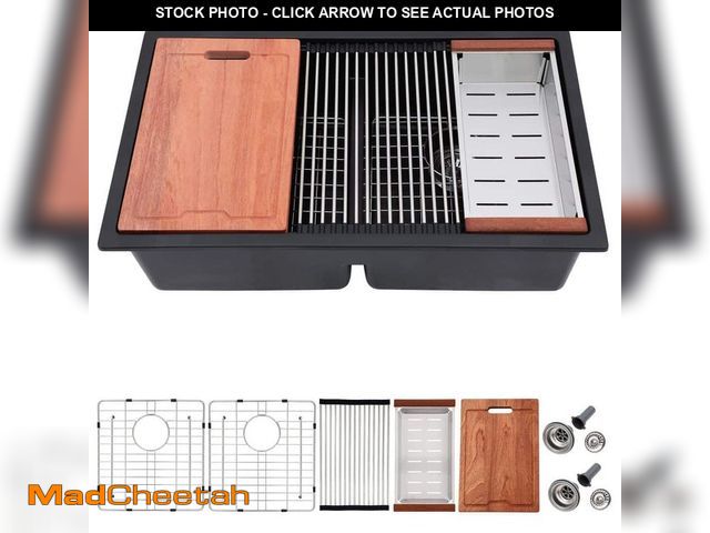 Lot 74-14306038 - 33 in. Undermount Matte Black Granite Composite Kitchen Sink,50/50 Double Bowl Quartz Workstation Ba...