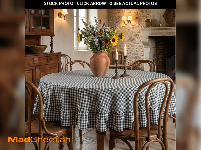 Lot 74-14150376 - Mindsoft Black Gingham Ruffled Tablecloth 70 x 70 Inches Round Cotton Linen Checkered Table Cloth Bu...