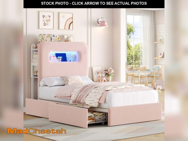 Lot 74-14287283 - Homfa Twin Size Velvet Upholstered Bed with LED Lights &amp; 2 Drawers, Storage Headboard Platform B...