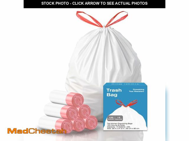 Lot 74-14269231 - KUK 13 Gallon Tall Kitchen Drawstring Trash Bags, Unscented, White, 120 Count, Tear-Free Individual ...