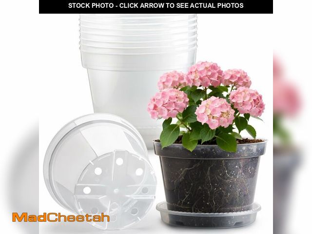 Lot 74-14263154 - 10 Pack 10 Inch Clear Nursery Pots with Saucers, Transparent Sturdy Plastic Plant Pots, Large Garden...