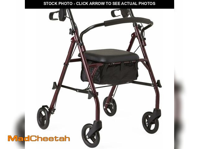 Lot 74-14348893 - Medline Steel Rollator Walker with Seat, Burgundy, 350 lb. Weight Capacity, 6" Wheels, Foldable, Adj...