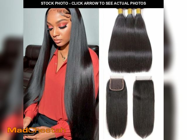 Lot 74-13574876 - Straight Bundles With Closure Human Hair Hair 14 16 18 and 12 Inch 3 Bundles With Transparent Lace 4...