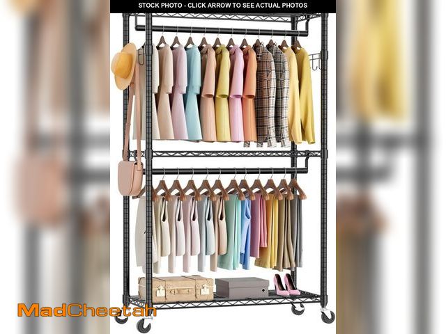 Lot 74-12510547 - Sweetcrispy Rolling Clothes Rack, Heavy Duty Garment Racks 3 Tiers Portable Adjustable Wire Shelves ...