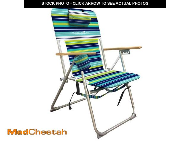 Lot 74-14242274 - CARIBBEAN JOE 4-Position Reclining Beach Chair, Multi-Stripe, Pillow, Backpack Straps, Wood Armrests...