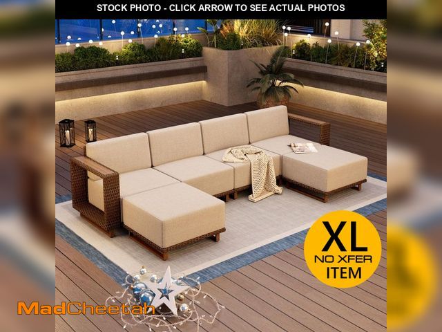 Lot 74-14115475 - PHI VILLA Brown Rattan Wicker 6 Seat 6-Piece Steel Outdoor Patio Conversation Set with Beige Cushion...
