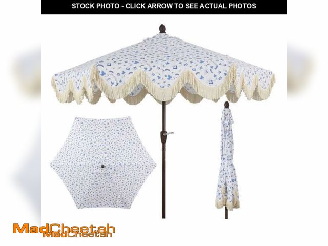 Lot 74-12080651 - Collins 9 Ft. Classic Cottage Tassel Market Patio Umbrella with Auto-Tilt  Crank  Wind Vent and UV P...