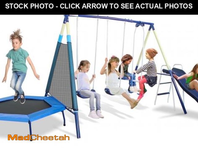 Lot 74-12490502 - Yuanwe 5 in 1 Swing Set with Trampoline , Glider, Slide and Swing Seats - UNUSED