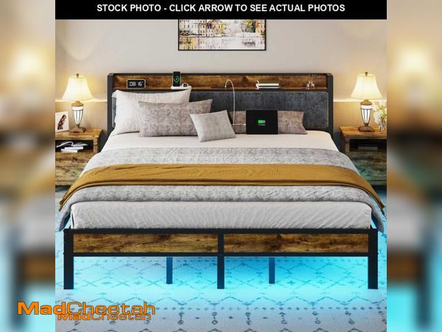 Lot 74-12083474 - King Size Bed Frame with Smart LED Lights, Storage Headboard with USB Charging Station, Metal Platfo...