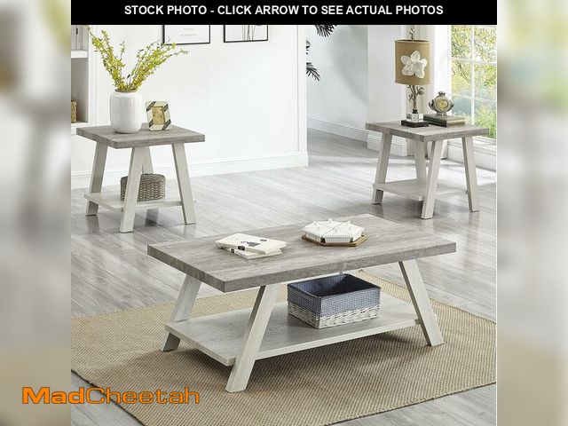 Lot 74-13042383 - Roundhill Furniture Athens Contemporary 3-Piece Wood Shelf Coffee Table Set, Weathered Gray and Beig...