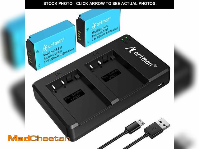 Lot 74-14206263 - Artman LP-E17 Battery 2-Pack and Rapid Dual LP E17 Battery Charger for Canon EOS R50 R100 RP R10 R8,...