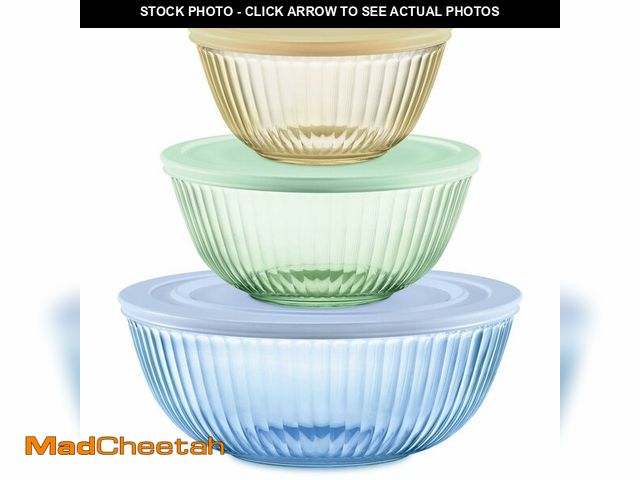 Lot 74-13573670 - Pyrex Colors Tinted (3-Pack, Full Set) Sculpted Tinted Glass Mixing Bowls With Plastic Lids, Nesting...
