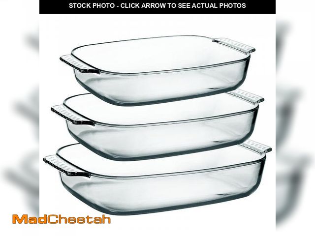 Lot 74-11552559 - Large Glass Baking Dish Set, Easy Grab Oven Safe Glass Pan for Cooking 2 QT+2.7 QT+3.3 QT - UNUSED