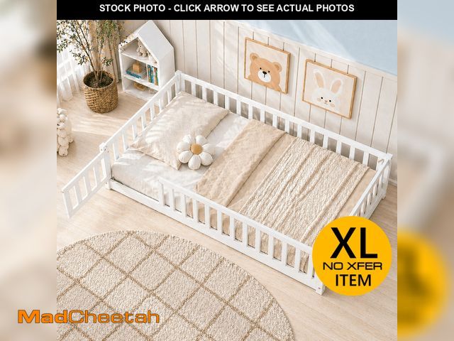Lot 74-14072063 - UHOMEPRO Twin Size Floor Bed with Fence and Door for Kids, Low Profile Montessori Toddler Bed for Cr...