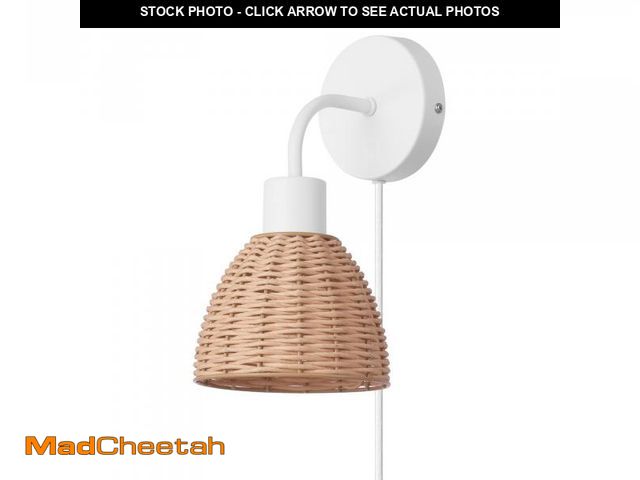 Lot 74-11550517 - Globe Electric 65928 Briar 1-Light Plug-in or Hardwire Wall Sconce, Matte White, Rattan Shade, 6ft W...