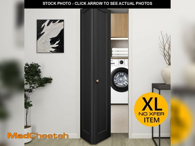 Lot 74-13670874 - (MISSING HARDWARE) BarnSmith 30 in.x 80 in. Bifold Barn Door, 1 Panel Vinyl Wrapped Textured Black B...