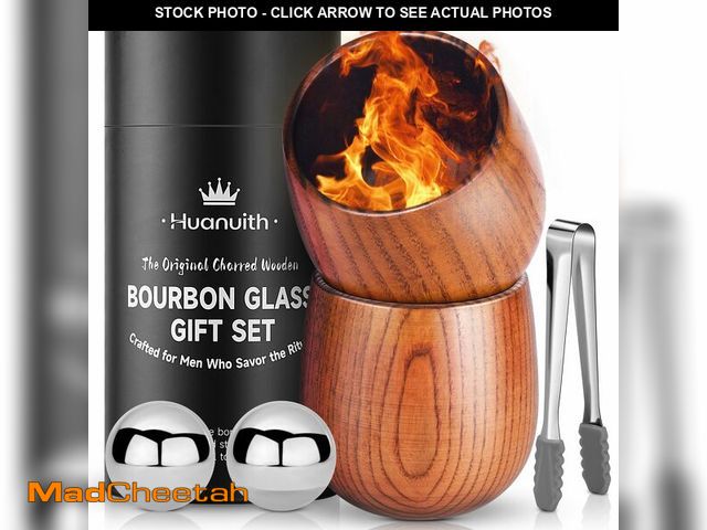 Lot 74-14476841 - Huanuith Whiskey Glasses Charred Wooden Bourbon Glass Set of 2, 10oz Handmade with Stones &amp; Tong...