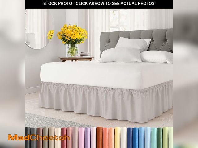 Lot 74-12707515 - Wrap Around Dust Ruffle Bed Skirt - Light Grey - for Full Size Beds with 15 Inch Drop - Elastic Stra...