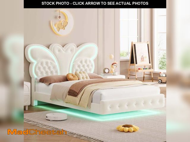 Lot 74-12802952 - Homfa Full Size Velvet Upholstered Bed with LED Lights, Floating Platform Bed Frame with Butterfly C...