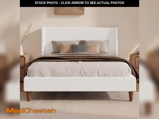 Lot 74-14393143 - Polibi Ivory/White Wood Frame Queen Size Platform Bed with Wingback Headboard and Walnut Wooden Legs...