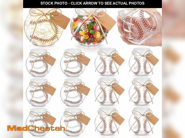Lot 74-13567038 - Blushtier 12 Sets Baseball Party Favors Baseball Round Jar Decoration White Plastic Bottle with Card...
