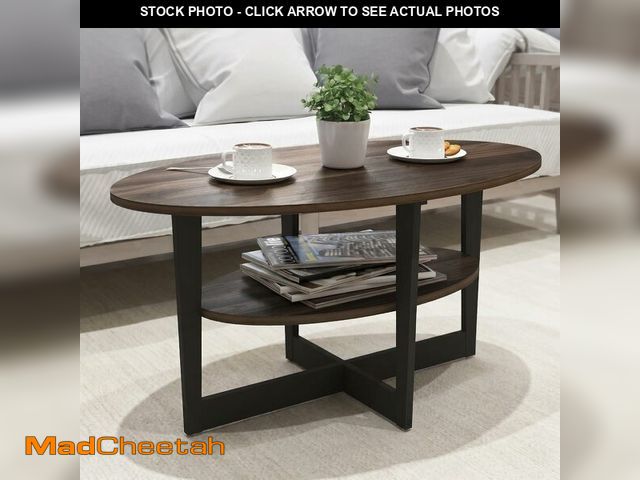 Lot 74-14581848 - Furinno Jaya 2-Tier Round Coffee Table, Small Rustic Brown Coffee Table with Storage Shelf, Oval Cen...