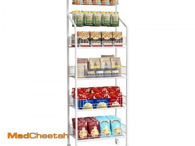 Lot 74-12151364 - lesolar Chip Display Shelf Rack, 4 Tiered Snack Display Stand Shelves with Wheels &amp; Hooks, Retai...
