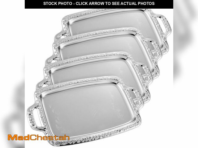 Lot 74-12608202 - Tiangrid 4 Pcs Silver Serving Tray with Handle Elegant Oblong Floral Metal Plate Silver Platter for ...