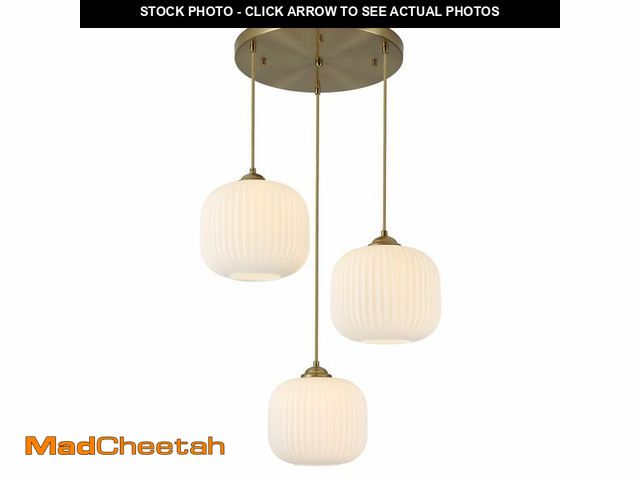 Lot 74-12867964 - KCO Lighting Large 3 Light Cluster Chandelier Gold Globe Pendant Lights Kitchen Island White Ribbed ...