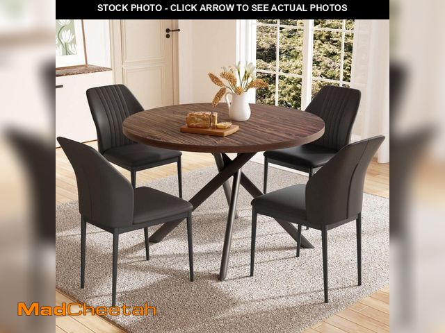 Lot 74-12674269 - GOJANE 5-Piece Modern Walnut Round Dining Table Set for Dining Coffee Room (Walnut Table+4 Black Cha...