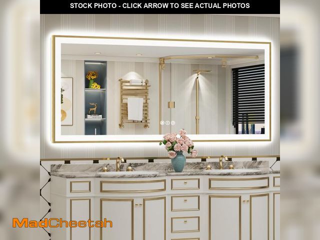 Lot 74-12131061 - AWANDEE 77x36 Gold Framed LED Bathroom Mirror with Lights, Backlit + Front Lit, Anti-Fog Lighted Van...