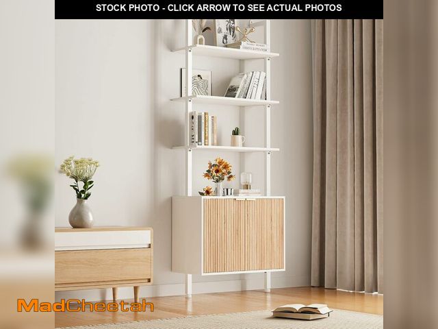 Lot 74-13583979 - INNOD 74" Tall Bookshelf with Storage Cabinet, Modern Ladder Shelf with Wood and Metal Frame, Wall M...