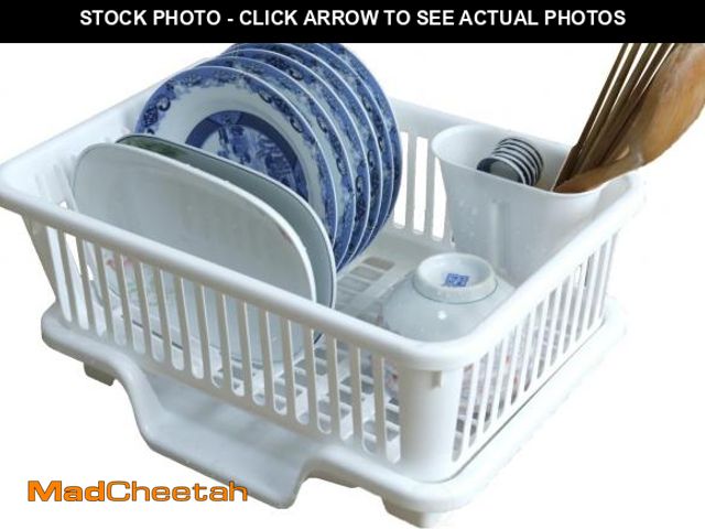 Lot 74-12510237 - Heavy Duty 2-Piece Plastic Dish Drying Rack Set in White - Includes Large Dish Drainer, Attached Dra...