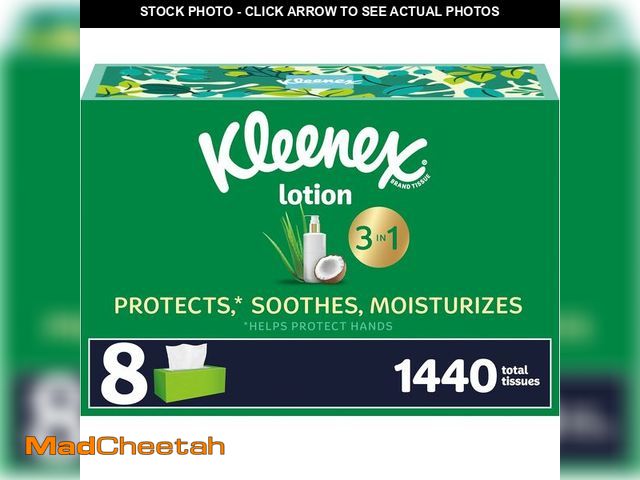 Lot 74-12760261 - Kleenex Lotion Facial Tissues with Coconut Oil, 8 Flat Boxes, 180 Tissues Per Box, 3-Ply - UNUSED
