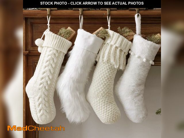 Lot 74-14063352 - Personalized Christmas Stockings: 4 Pcs 18 Inch White Farmhouse Plush Faux Fur &amp; Cable Knitted F...