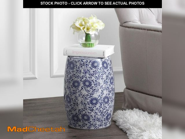 Lot 74-14312834 - JONATHAN Y Lotus Blossom 17.5 in. Blue/White Chinoiserie Ceramic Drum Garden Stool - UNUSED