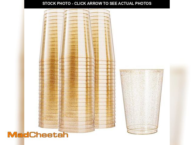Lot 74-11554105 - N9R 100pcs 12oz Gold Plastic Cups, Gold Glitter Disposable, Elegant Wedding and Party Cups - UNUSED