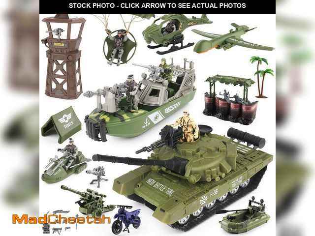 Lot 74-12681424 - deAO Military Vehicles Toy Set Combat Boat,Helicopter,Tank Toy,with 5 Army Men Figures,Boat Toy and ...