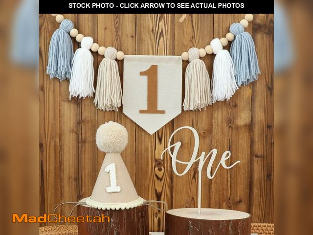 Lot 74-12708198 - 1st Birthday Highchair Banner Decorations For First Boys Khaki Cone Hat With One Cake Topper Photo B...